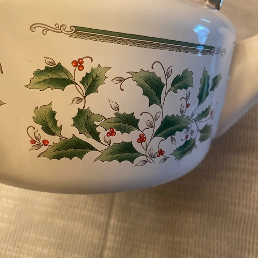 Royal Limited Holly Holiday-Holly w/ Gold Rim- Metal Tea Kettle with Wood Handle